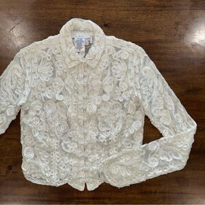 The White House Sheer Ribbon Embroidered Beaded Long Sleeve Ivory Shirt Petite P